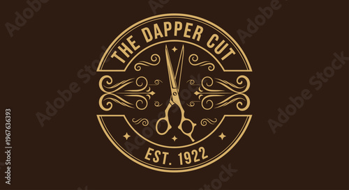 Vintage Barbershop Logo with Scissors and Ornate Details.