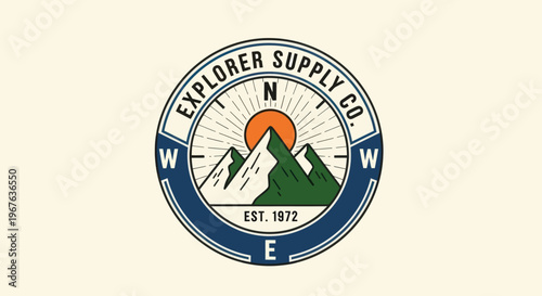 Vintage Explorer Supply Co. Mountain and Sun Compass Logo Design.