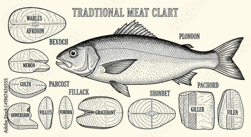 Vintage Engraving of a Whole Fish with Traditional Meat Cuts Chart.