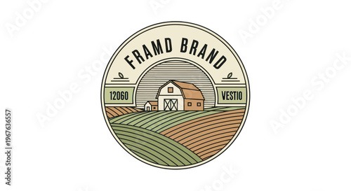 Vintage Farm Brand Logo with Barn and Fields.