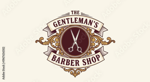 Vintage Gentlemans Barber Shop Logo with Scissors and Ornate Details.