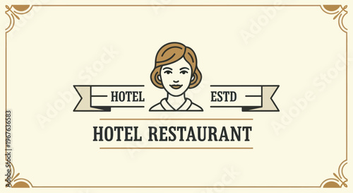 Vintage Hotel Restaurant Logo with Elegant Woman Illustration.