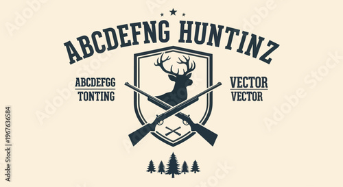 Vintage Hunting Emblem with Deer and Rifles.