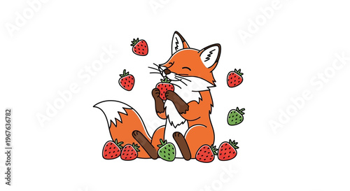 A cartoon fox happily eating strawberries surrounded by fresh fruit.