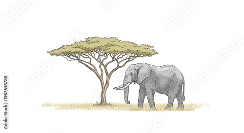 An elephant walks under a tree in a savannah landscape illustration.