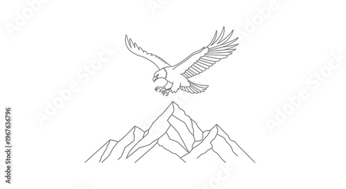 An eagle soars over majestic mountains in a serene landscape illustration.