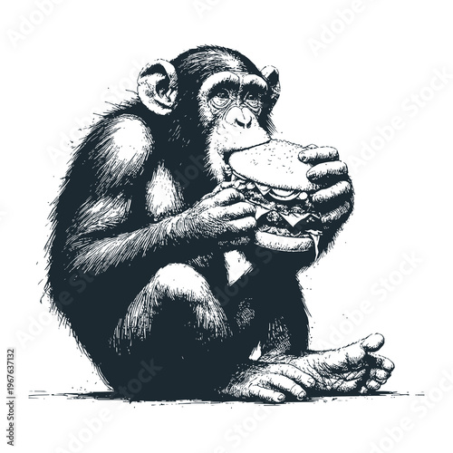 chimpanzee biting burger