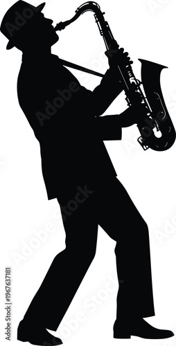 Silhouette of a professional jazz musician playing tenor saxophone in a suit and hat, isolated on a white background for design.