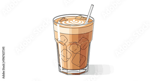 Iced coffee latte with ice cubes and a straw, refreshing cold drink.