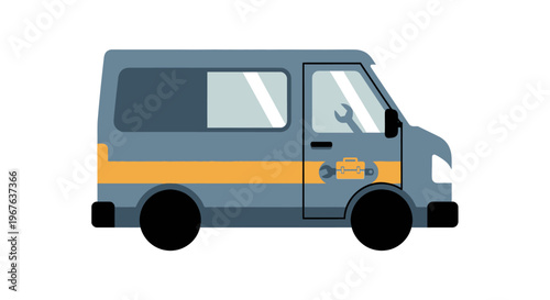 Service delivery van with toolbox and wrench icon for repair and maintenance.