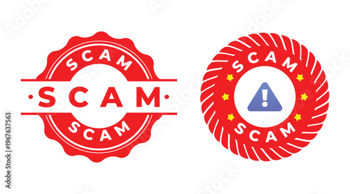 Scam Warning Alert Stamp Icons – Fraud, Fake, Security Risk Symbols