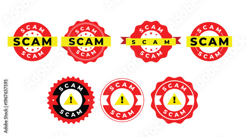 Scam Stamp Badge Icons Set – Fraud Alert, Fake Warning, Security Symbols Collection