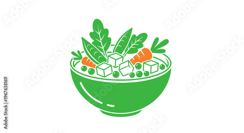 Healthy Vegan Soup Bowl with Tofu, Carrots, Peas and Greens