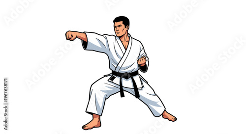 Martial Arts Karate Fighter Performing Punching Action in White Gi
