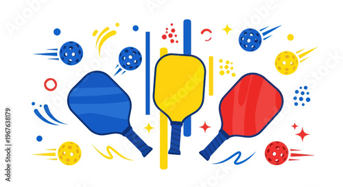 Pickleball Paddles and Balls Fun Cartoon Illustration, Sports Activity Concept