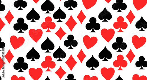 Seamless Pattern of Playing Card Suits: Hearts, Diamonds, Clubs, Spades on White Background