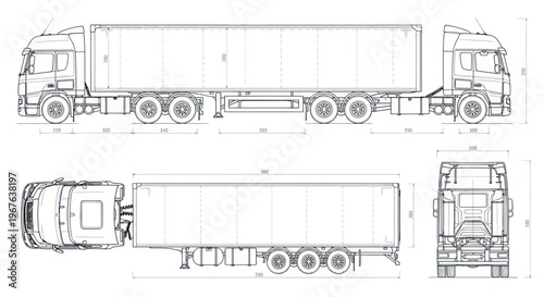 Semi-trailer Truck Blueprint - Top, Side, Front Views with Dimensions