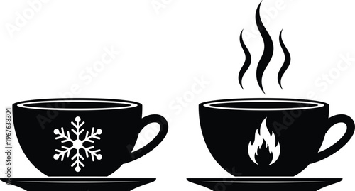 Black coffee cups side by side with snowflake and flame icons symbolizing cold and hot beverages, contrasting temperature difference concept for drinks illustration design
