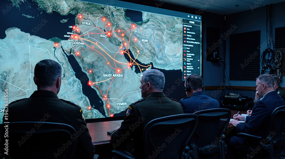 Fototapeta premium Military leaders sit at a table, observing a large screen displaying a map of strategic operations in the Middle East. The focus is on various areas of interest and planned movements