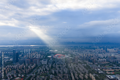 Aerial view of modern city with blue sky