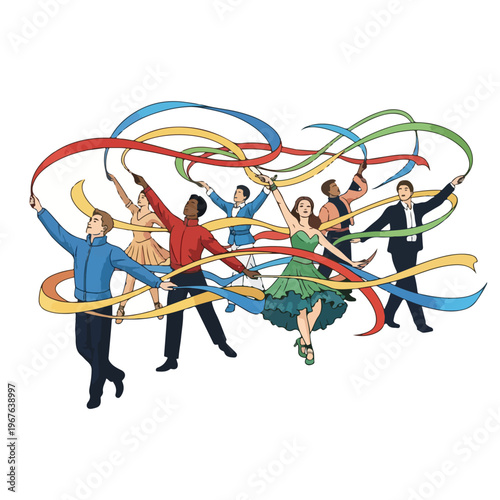 Group of People Dancing with Colorful Ribbons.