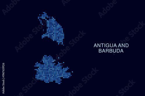 Antigua and Barbuda Map - Blue Dotted Halftone Vector Illustration on Dark Navy Background, Abstract Circle Grid Silhouette Design for Infographic and Modern Presentation Use.