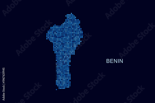 Benin Map - Blue Dotted Halftone Vector Illustration on Dark Navy Background, Abstract Circle Grid Silhouette Design for Infographic and Modern Presentation Use.
