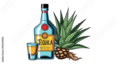 Tequila bottle, shot glass, agave plant, and pineapple slices isolated on white