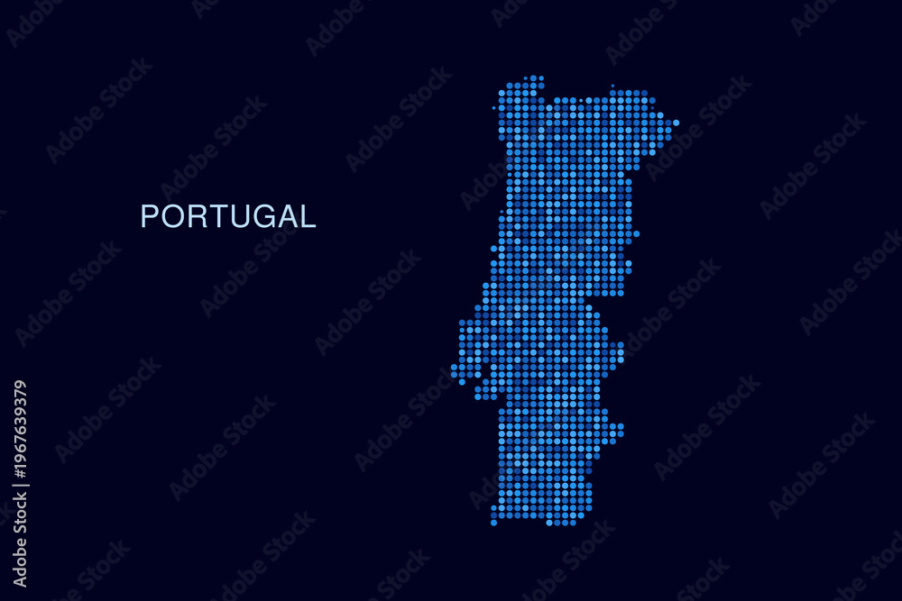 Fototapeta premium Portugal Map - Blue Dotted Halftone Vector Illustration on Dark Navy Background, Abstract Circle Grid Silhouette Design for Infographic and Modern Presentation Use.