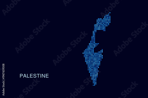 Palestine Map - Blue Dotted Halftone Vector Illustration on Dark Navy Background, Abstract Circle Grid Silhouette Design for Infographic and Modern Presentation Use.