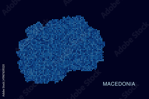 Macedonia Map - Blue Dotted Halftone Vector Illustration on Dark Navy Background, Abstract Circle Grid Silhouette Design for Infographic and Modern Presentation Use.
