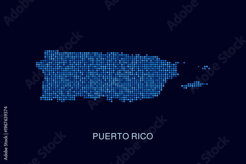 Puerto Rico Map - Blue Dotted Halftone Vector Illustration on Dark Navy Background, Abstract Circle Grid Silhouette Design for Infographic and Modern Presentation Use.
