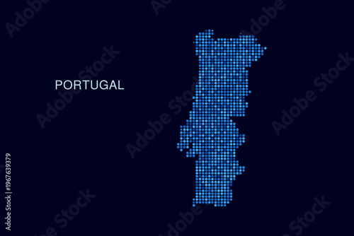 Portugal Map - Blue Dotted Halftone Vector Illustration on Dark Navy Background, Abstract Circle Grid Silhouette Design for Infographic and Modern Presentation Use.