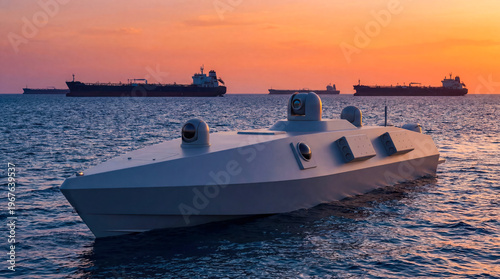 A drone water type unmanned vehicle floats on the water as the sun sets, casting orange and purple hues across the sky. Several cargo ships are visible in the distance