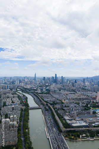 Aerial view of modern city with blue sky