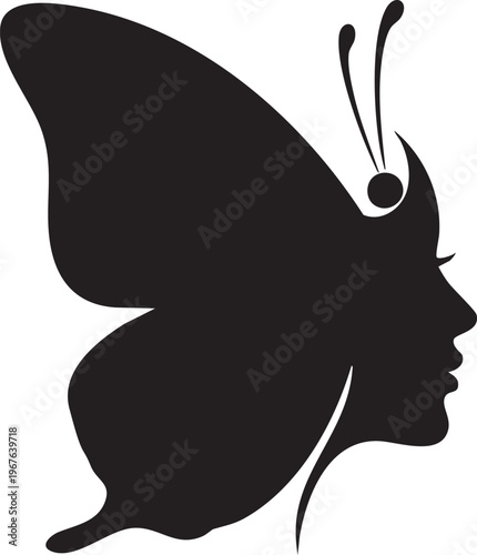 A black silhouette of a womans face merged with a butterfly