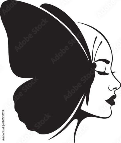 A black and white illustration of a womans face with a butterfly on her head