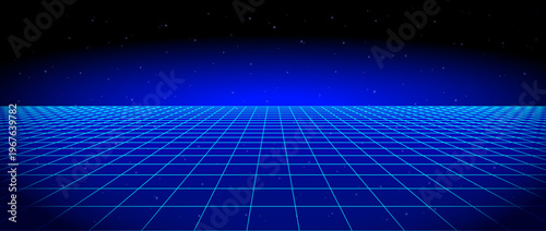 Blue glow neon wireframe background. Dark shining checkered grid floor plane in perspective. Bright retro futuristic horizon wallpaper. Arcade game sci fi matrix landscape surface. Vector backdrop