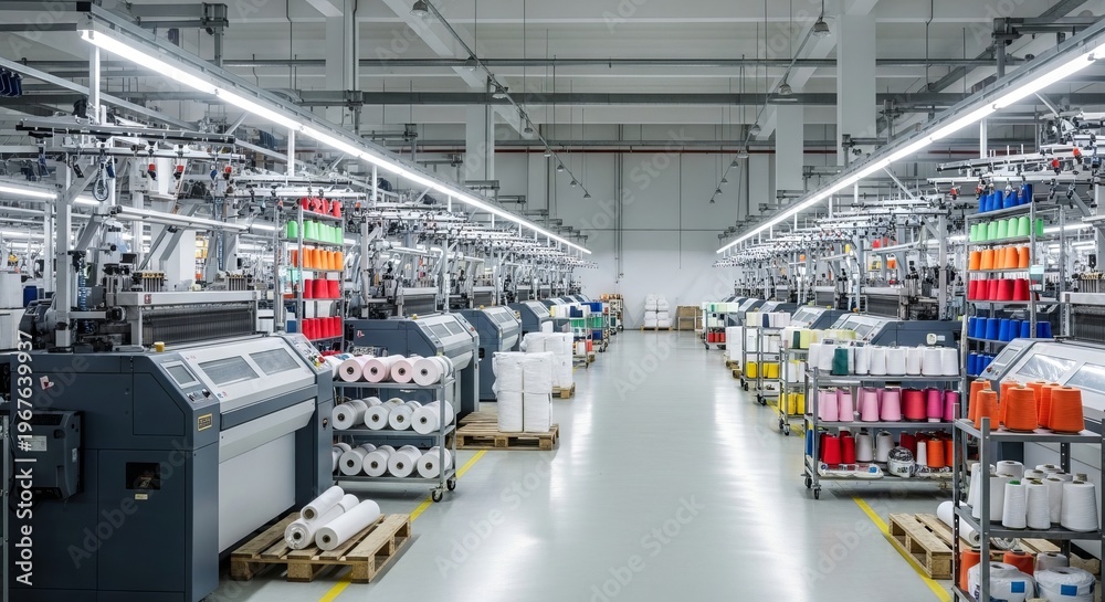 Fototapeta premium Textile factory interior with rows of automated industrial knitting machines and vibrant thread spools. Modern manufacturing facility for fabric production and heavy textile industry equipment