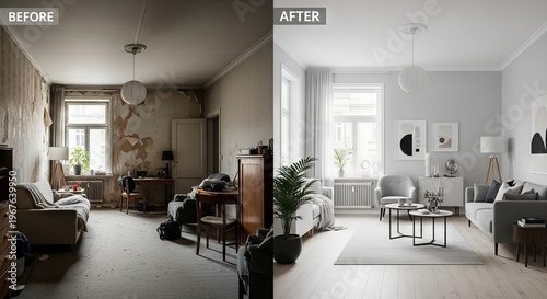 Room before and after renovation. Comparison of old messy living room and new modern interior design. Home improvement, house reconstruction and professional interior remodeling