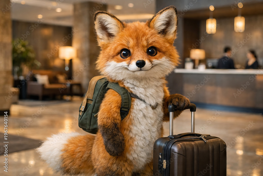 Fototapeta premium Cute fox with backpack and suitcase standing in hotel lobby. Animal traveler checking in for vacation. Concept of funny wildlife character in modern interior design. Travel and adventure exploration
