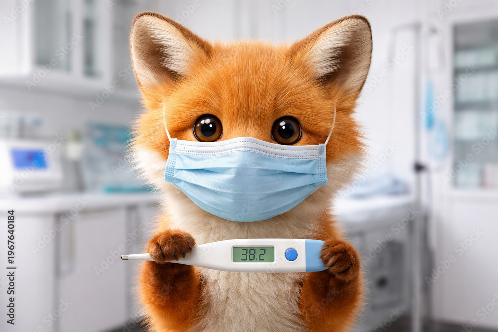 Fototapeta premium Cute fox wearing medical face mask and holding digital thermometer. Concept of pet health check or veterinary medicine. Funny animal character in clinic during infection control and virus prevention