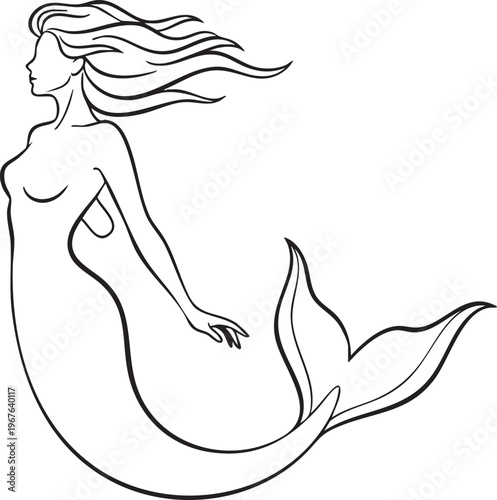 A beautiful mermaid with long flowing hair and a shiny tail