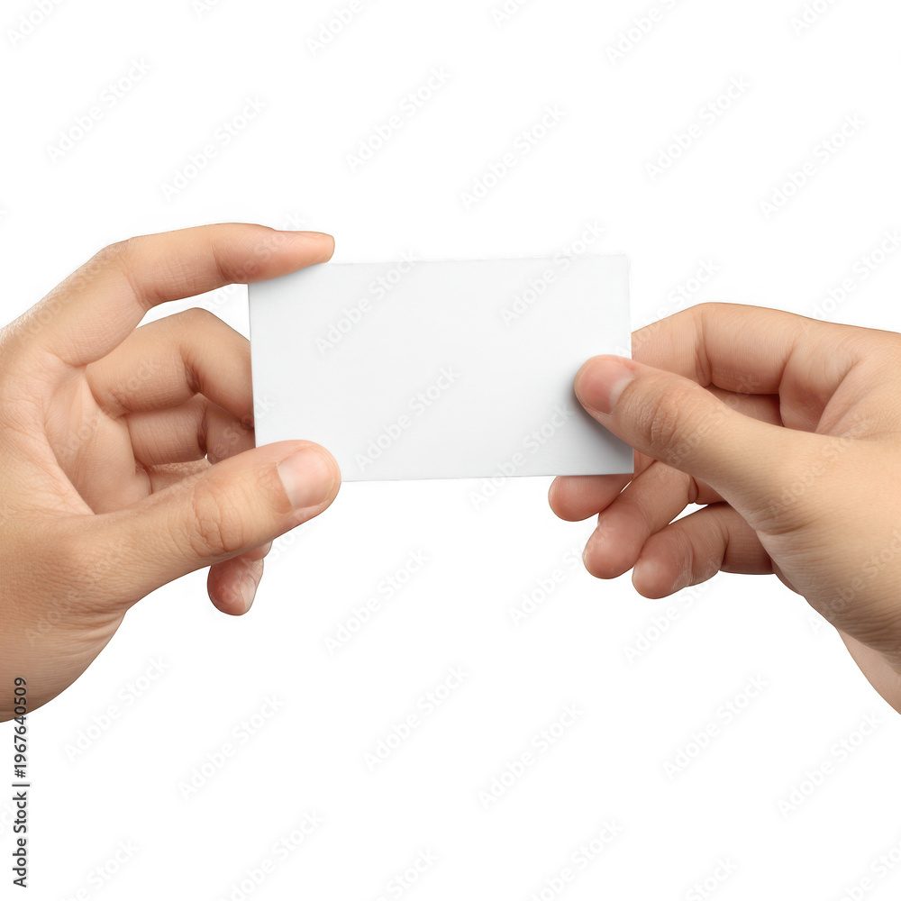 Obraz premium Hands holding a blank white business card isolated on transparent background