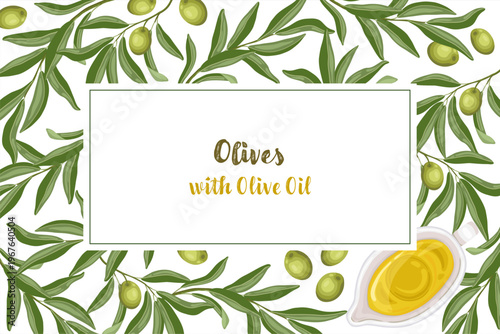 Olive oil and branches with fruit card background. Top view vector rectangular illustration for cafe menu and restaurant template. Italian food cartoon drawing perfect for product packaging design.
