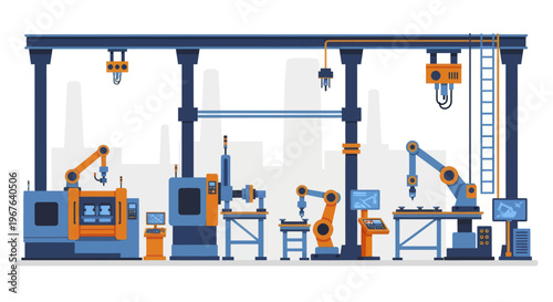 Automated factory production line with robotic arms and machinery.