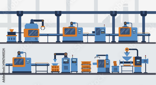 Automated factory production line with robotic arms and machinery.