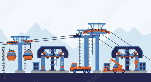Cable Car Construction Site with Heavy Machinery and Workers.