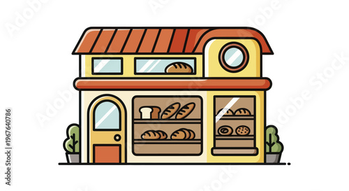 Charming Bakery Shop Exterior with Delicious Baked Goods Display.