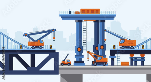 Bridge Construction Site with Cranes and Workers.